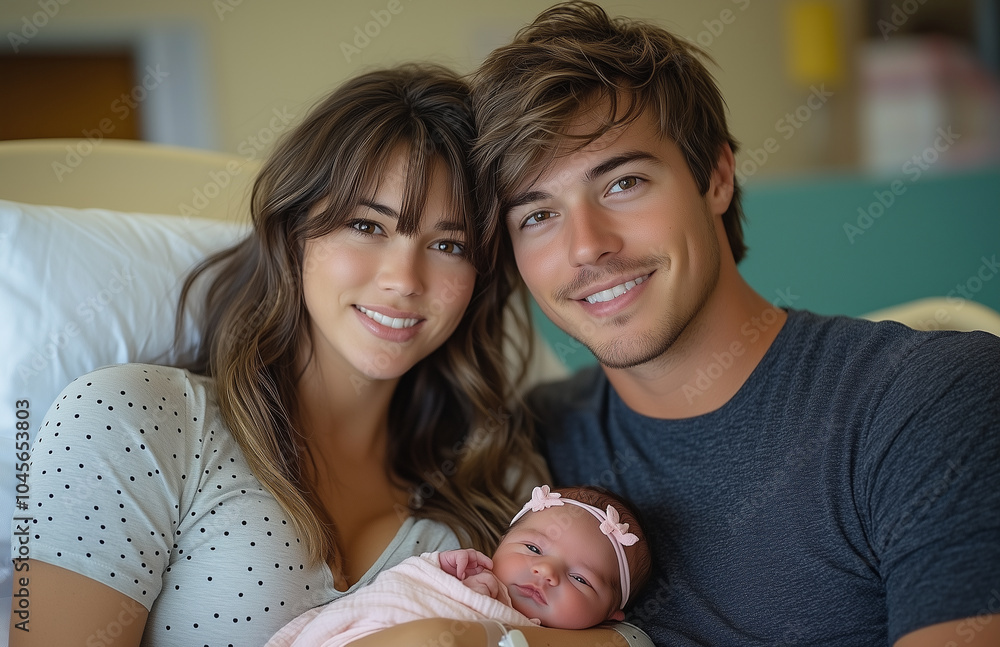 young couple in the hospital, holding their newborn baby girl and smiling at camera young couple in the hospital, holding their newborn baby girl and smiling at camera