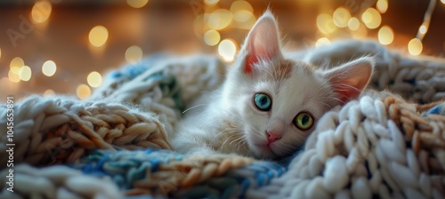 Adorable Heterochromatic Kitten Relaxing on Cozy Blanket - Perfect for Pet Adoption Promos photo