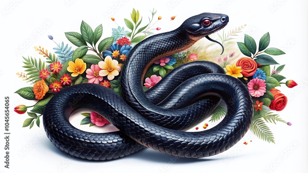 Elegant Black Snake with Flower Pattern on White Background for Nature and Wildlife Themes Elegant Black Snake with Flower Pattern on White Background for Nature and Wildlife Themes
