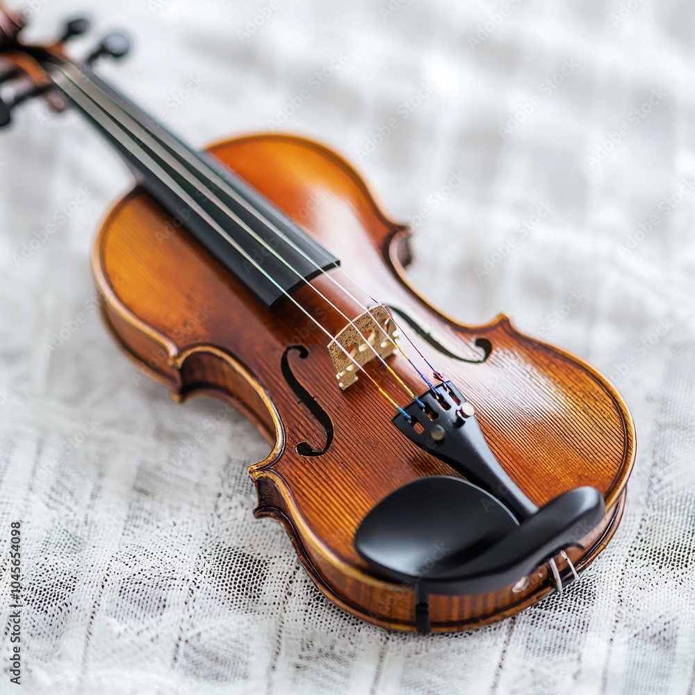 Close-up of a classic handcrafted violin on a textured surface. Close-up of a classic handcrafted violin on a textured surface.