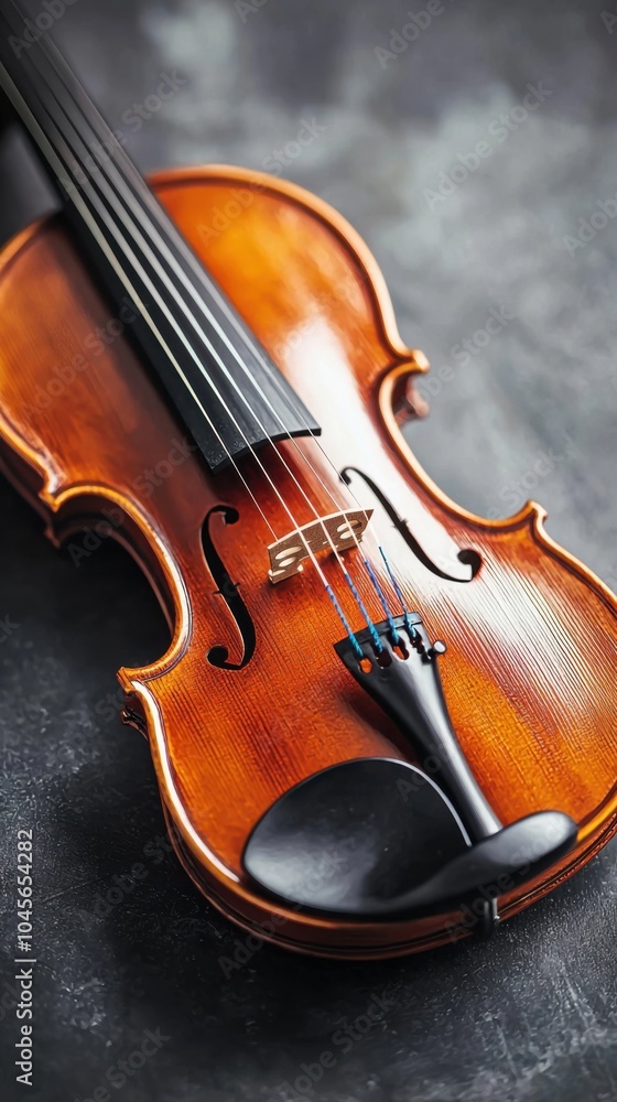 Close-up of a wooden violin on a textured surface. Close-up of a wooden violin on a textured surface.