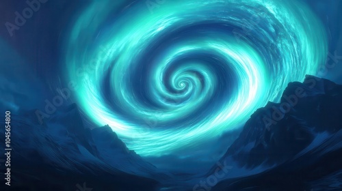 Ethereal aurora lights swirling in a spiral above an isolated mountain range, creating a hypnotic, surreal scene