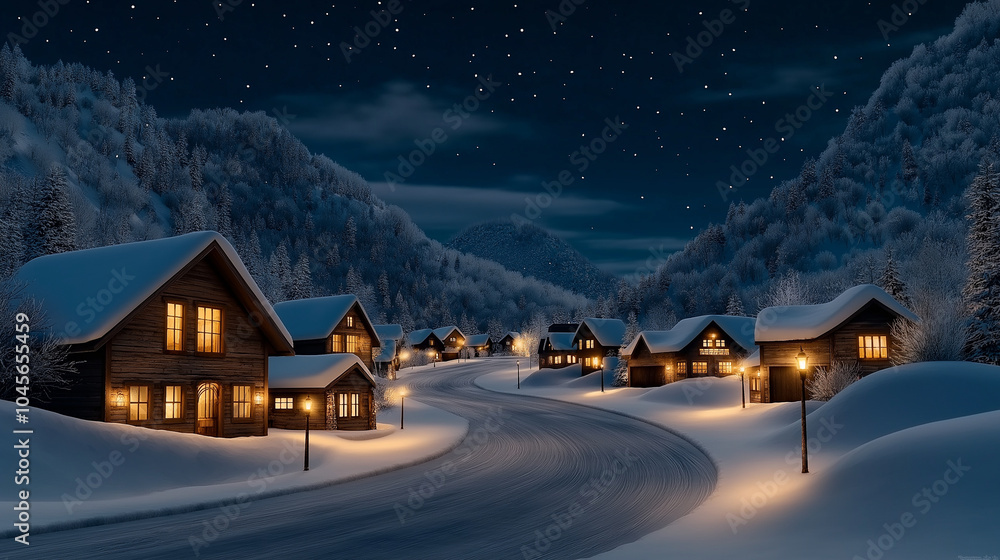 Fototapeta premium A winter background wallpaper featuring a beautiful cartoon-style snow-covered town at night. The streets are lined with cozy houses adorned with twinkling lights, and snow gently