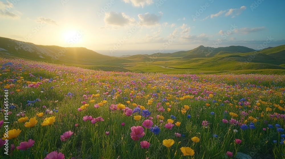 A vibrant field of flowers under a bright sky during sunset. A vibrant field of flowers under a bright sky during sunset.