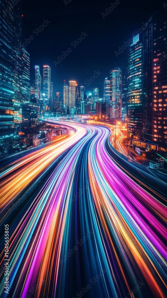 Fototapeta premium City skyline at night with colorful light trails on a busy highway under a starry sky