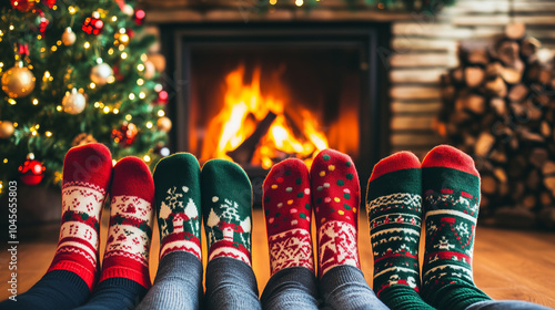 Eye level shot of 4 pairs of feet with Christmas socks on in front of the fireplace and the Christmas tree. photo