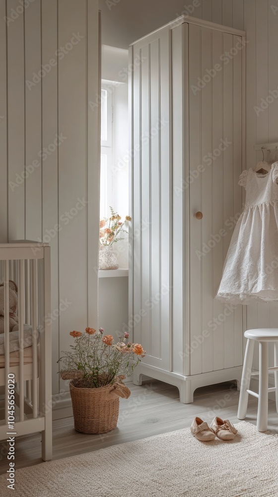Cozy nursery with a white crib and elegant dress hanging in soft natural light Cozy nursery with a white crib and elegant dress hanging in soft natural light