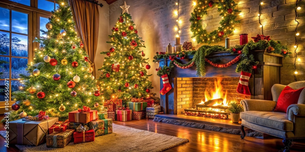 Fototapeta premium Elegant Christmas Living Room with Gifts Under Tree, Cozy Holiday Decor for Home Styling