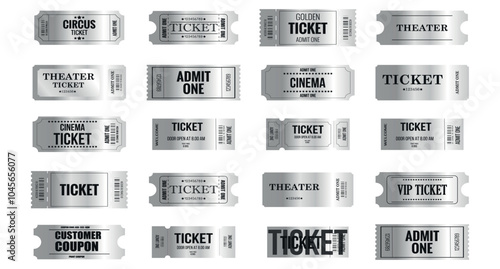 Vector big set of silver ticket template white isolated background. Invite silver ticket for casino, theater, cinema, movie, coupon, voucher.