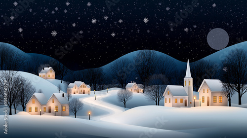 Wallpaper Mural A wintery nighttime scene for wallpaper, showcasing a charming cartoon-style town covered in snow. The small houses are glowing with warm light from within, while the streets are l Torontodigital.ca