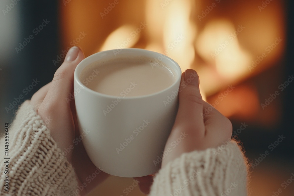 Cozy evening with hot cocoa by the fireplace on a calm winter night Cozy evening with hot cocoa by the fireplace on a calm winter night