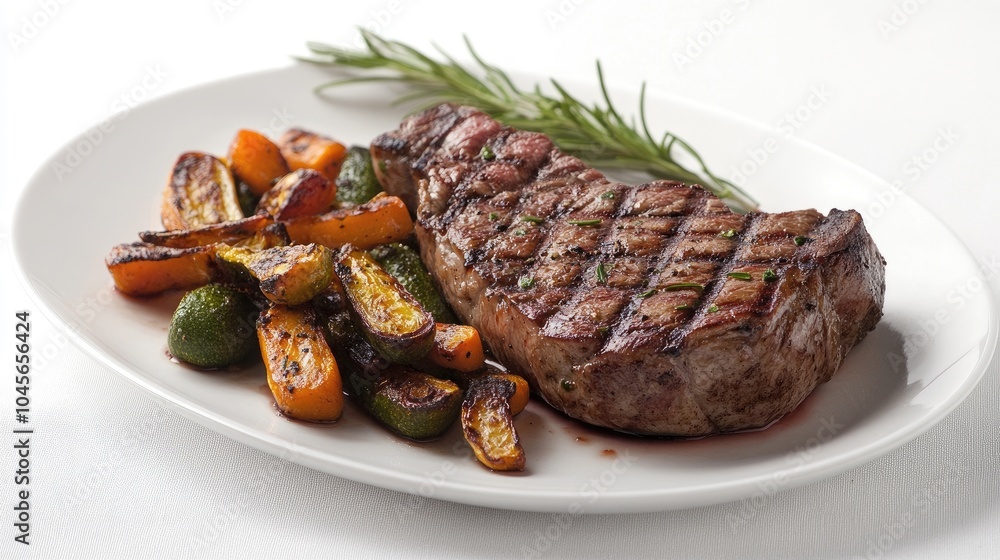 Grilled Steak with Vegetables on White Plate Grilled Steak with Vegetables on White Plate