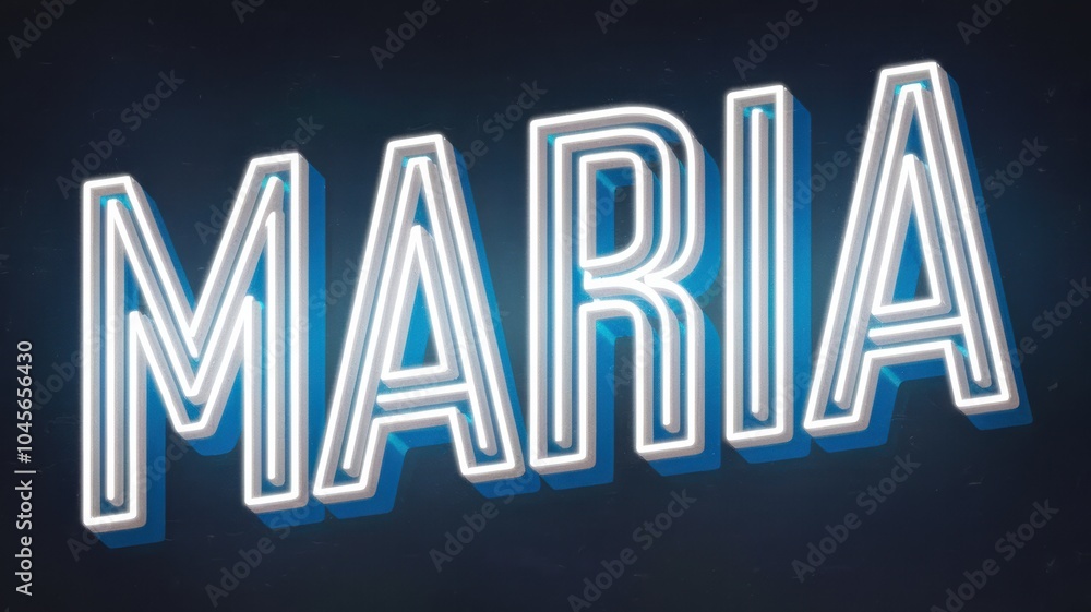 Neon Sign: Bright Blue and White Letters Spelling 'MARIA' on a Dark Background, Perfect for Promotional Use Neon Sign: Bright Blue and White Letters Spelling 'MARIA' on a Dark Background, Perfect for Promotional Use
