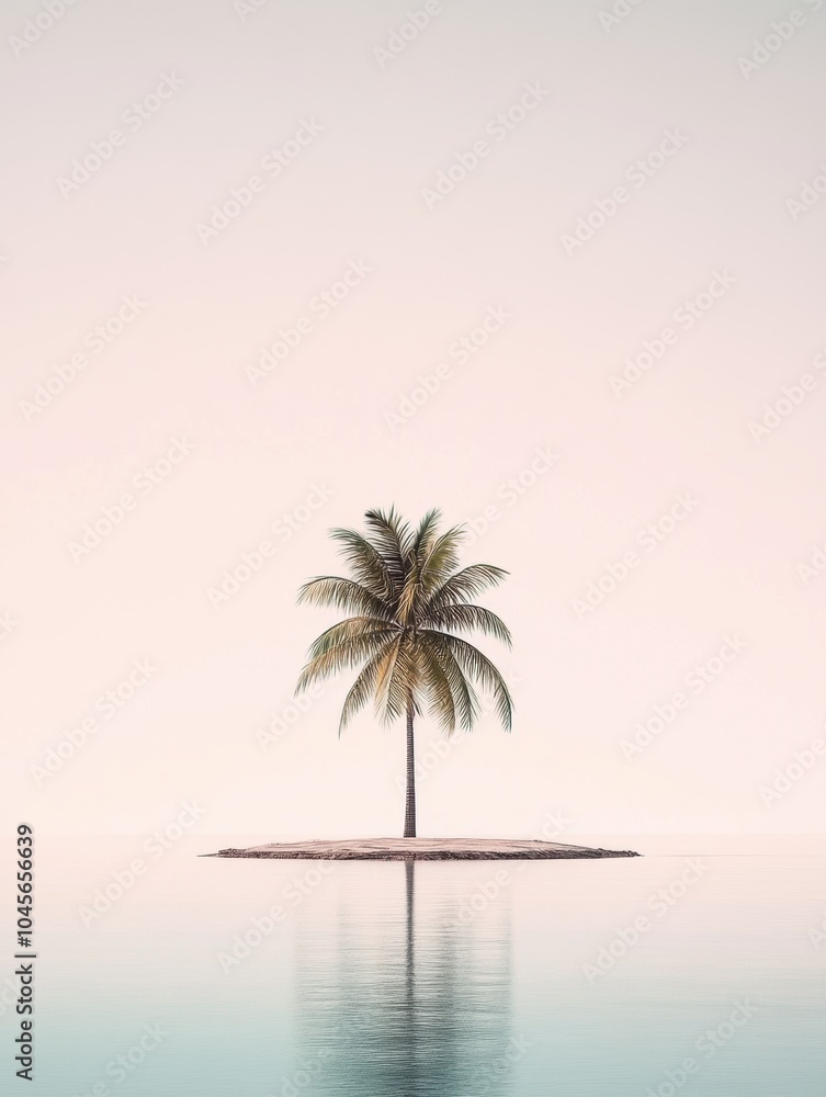 A tranquil tropical island features a solitary palm tree standing peacefully above still waters during sunset. Generative AI A tranquil tropical island features a solitary palm tree standing peacefully above still waters during sunset. Generative AI