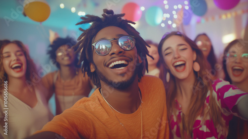 A group of diverse college friends at a house party, dancing together while some take selfies and capture fun moments. The room is filled with laughter and movement, with colorful