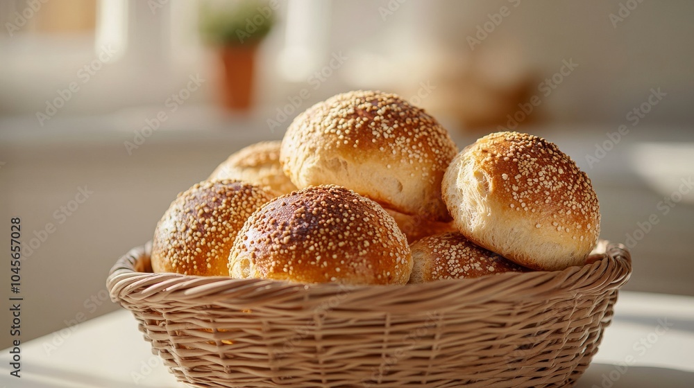 Freshly baked artisan bread rolls in a wicker basket with sunlight streaming in a cozy kitchen, showcasing homemade rustic baking Freshly baked artisan bread rolls in a wicker basket with sunlight streaming in a cozy kitchen, showcasing homemade rustic baking