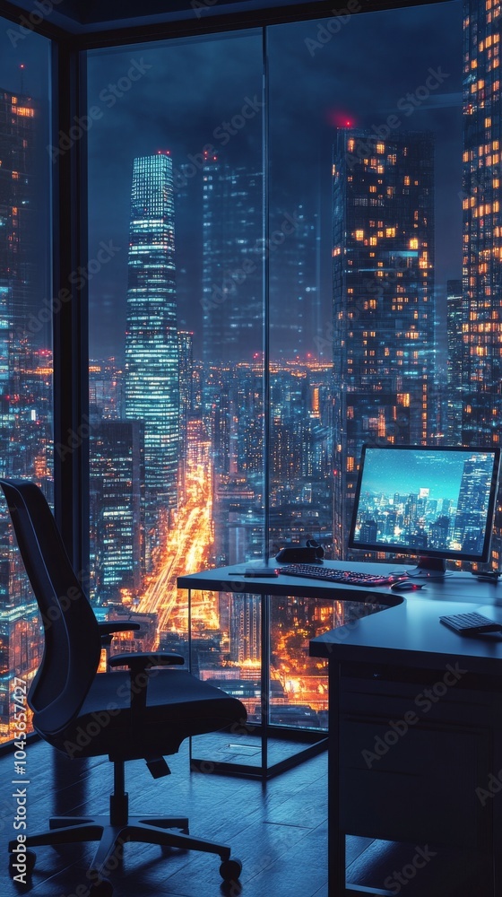 A modern workspace with a view of the illuminated New York City skyline at night A modern workspace with a view of the illuminated New York City skyline at night