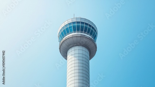 Modern skyscraper observation tower against a clear blue sky.