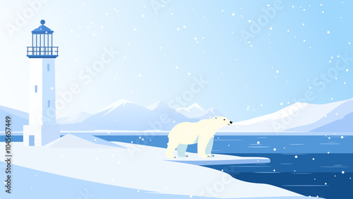 Polar bear with a lighthouse in the background. Beautiful polar bear stands on the edge of the shore against the backdrop of a landscape of large glaciers and icebergs. Vector winter illustration.