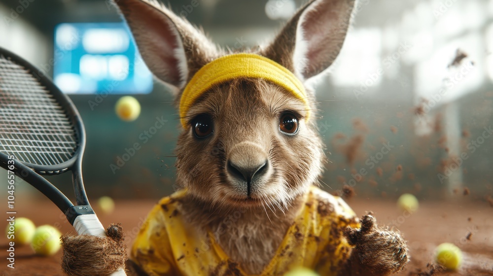 A young kangaroo dressed for tennis prepares to hit the ball with attentive focus while standing on a clay court full of scattered balls, representing youth sports.