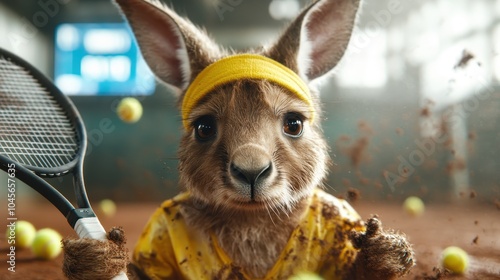 Obraz na płótnie A young kangaroo dressed for tennis prepares to hit the ball with attentive focus while standing on a clay court full of scattered balls, representing youth sports. w salonie