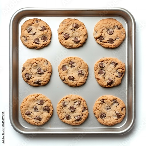 Freshly baked chocolate chip cookies on a baking sheet.