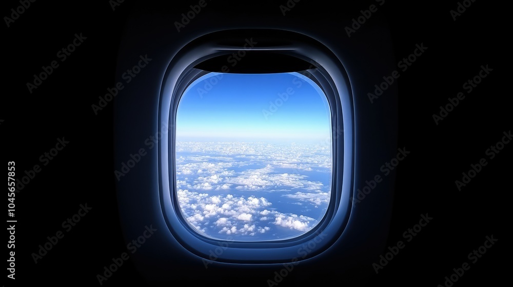 A breathtaking aerial view of fluffy clouds and the bright blue sky seen through the window of an airplane, with the horizon fading into the distance. A breathtaking aerial view of fluffy clouds and the bright blue sky seen through the window of an airplane, with the horizon fading into the distance.