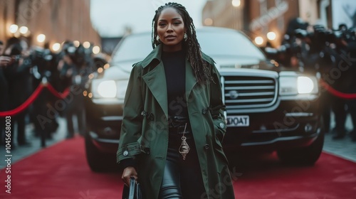 A confident woman poses on the red carpet, donning a dark coat complemented by chic accessories, amidst a backdrop of flashing cameras and an elegant car. photo