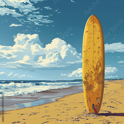 A yellow surfboard is sitting on the beach photo