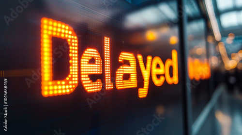 airport departure board displays the word "Delayed," symbolizing the frustration and anticipation of travelers waiting for their flights amidst busy airport activity