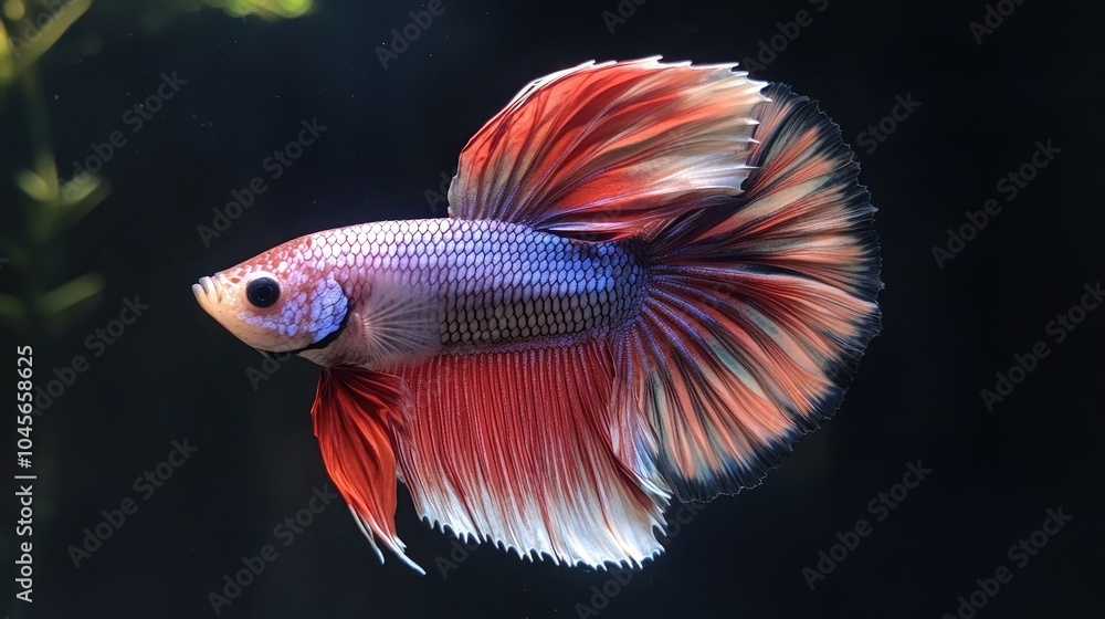A close-up of a beautiful half-moon Siamese betta fish, its flowing multicolored fins illuminated against a dark, black backdrop. A close-up of a beautiful half-moon Siamese betta fish, its flowing multicolored fins illuminated against a dark, black backdrop.