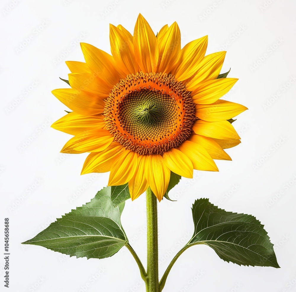 Obraz premium A single yellow sunflower with a green stem and leaves isolated against a white background.