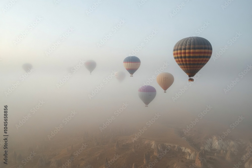Obraz premium Hot air balloons float over the stunning rock formations of Cappadocia at sunrise on a clear morning
