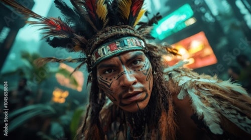 A tribal warrior with painted face and colorful feather headdress stands in a modern city environment, merging ancient cultures and urban life for a striking contrast.