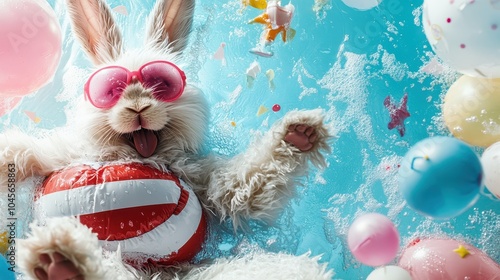 A cheerful cartoon rabbit enjoys a day at the pool, wearing sunglasses and a floaty, surrounded by colorful balloons, symbolizing fun and summertime joy. photo