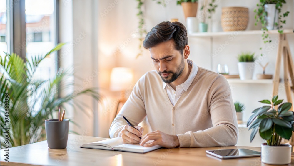 A man writing in his journal in a cozy home office with plants and natural light. Ideal for productivity, mindfulness, and home workspace themes... A man writing in his journal in a cozy home office with plants and natural light. Ideal for productivity, mindfulness, and home workspace themes...