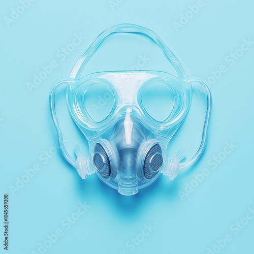 Transparent protective gas mask on a blue background.