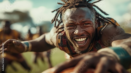 A rugby player intensely reaching for the ball during a match. His expression captures the fierce competition and determination of the sport. Action-packed moment.
