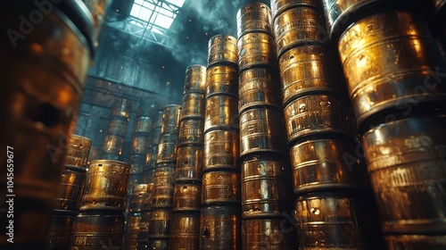 Golden Barrels in a Warehouse with Dramatic Smoky Lighting