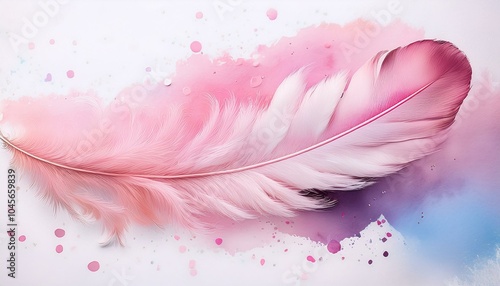 a soft pink feather floating in the air surrounded by delicate watercolor splashes of color on a white background creating an elegant and dreamy atmosphere