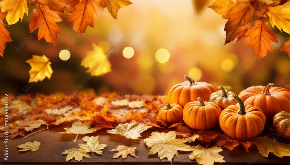 a vibrant autumn background with pumpkins and golden leaves scattered across a vibrant autumn background with pumpkins and golden leaves scattered across