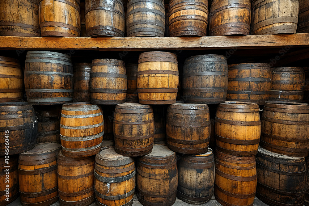 A collection of wooden barrels stacked neatly on shelves, showcasing rich textures and colors, often used for aging spirits or wines. A collection of wooden barrels stacked neatly on shelves, showcasing rich textures and colors, often used for aging spirits or wines.