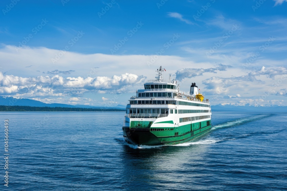 Vessel cruising across calm blue waters under a bright sky with scattered clouds. Vessel cruising across calm blue waters under a bright sky with scattered clouds.