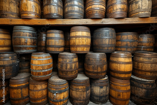 A collection of wooden barrels stacked neatly on shelves, showcasing rich textures and colors, often used for aging spirits or wines.