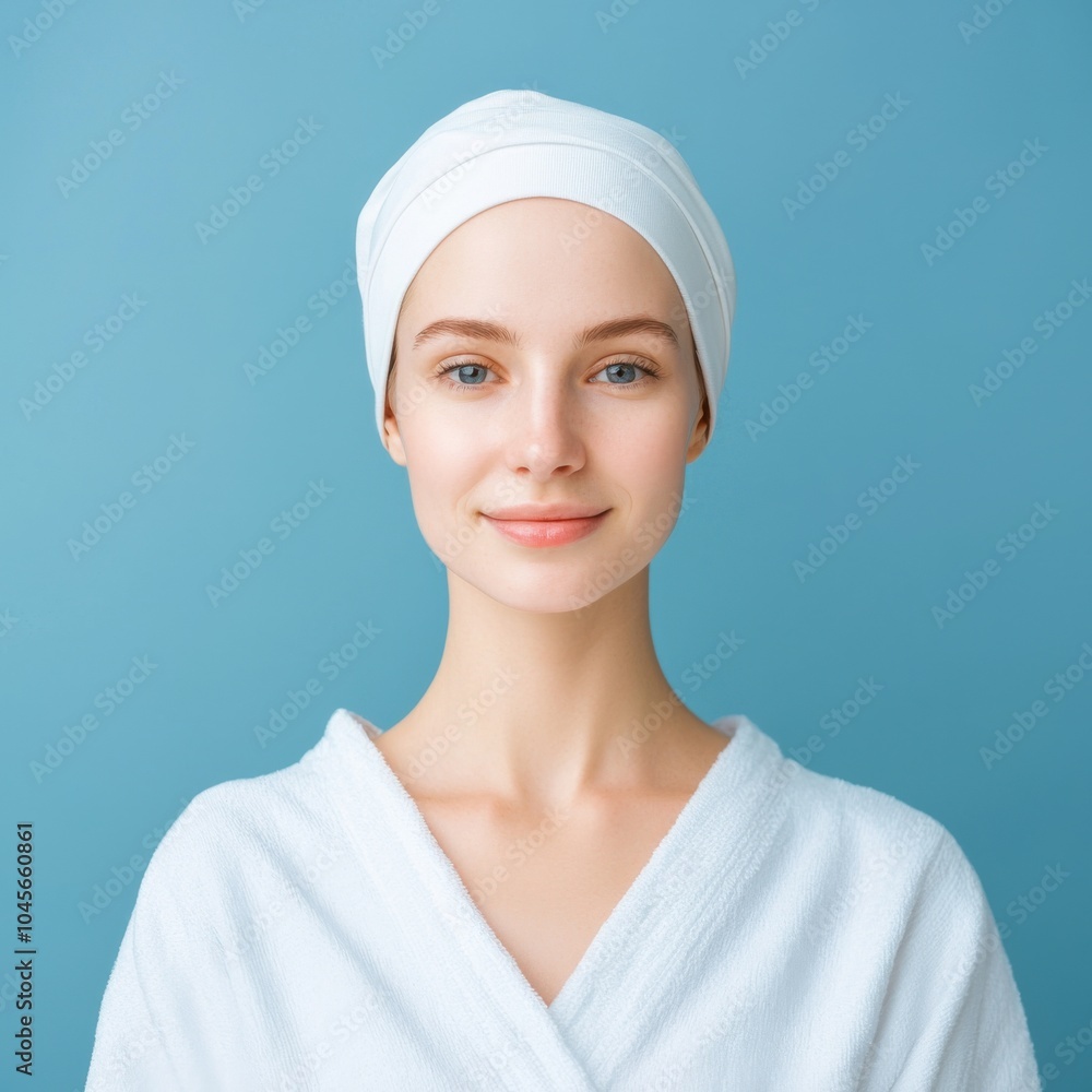 Young woman with a towel on her head, smiling against a blue background. Young woman with a towel on her head, smiling against a blue background.