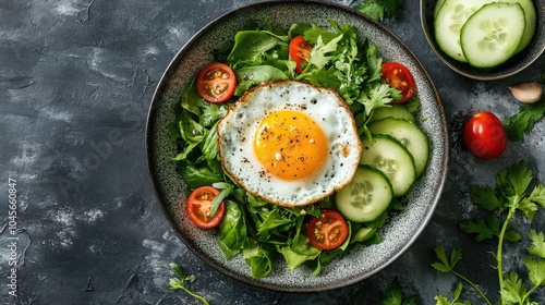 Fresh Salad with Egg and Vegetables on a Dark Table