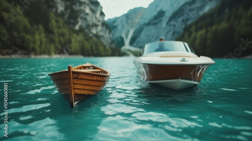 A wooden rowboat and a sleek yacht sit on a tranquil mountain lake, nestled between lush forest and peaked mountains, reflecting the peacefulness of nature's beauty. photo