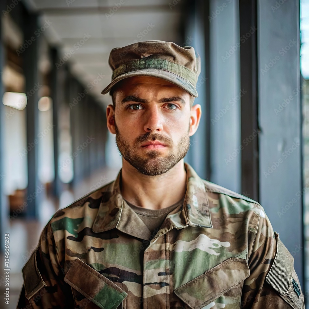A serious male soldier in full camouflage uniform stands indoors, expressing focus and determination. This strong military portrait is perfect for themes related to service, patriotism, and duty... A serious male soldier in full camouflage uniform stands indoors, expressing focus and determination. This strong military portrait is perfect for themes related to service, patriotism, and duty...