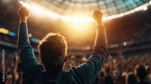 A vibrant image of a person enthusiastically cheering in a crowded stadium, encapsulating the energy and thrill of live sports, set against the backdrop of dazzling lights.