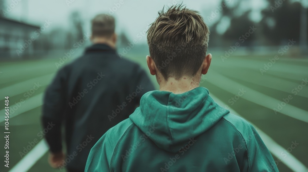Two athletes, seen from behind, walk on an athletic track. One wears a green hoodie, setting a focused and calm mood on a foggy day at the sports ground. Two athletes, seen from behind, walk on an athletic track. One wears a green hoodie, setting a focused and calm mood on a foggy day at the sports ground.